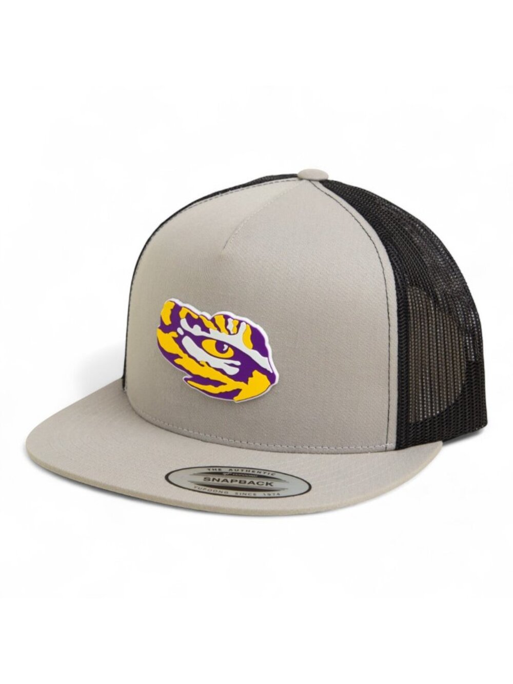 LSU Tiger Eye Snapback Flat Bill Trucker Hat- Silver/ Black